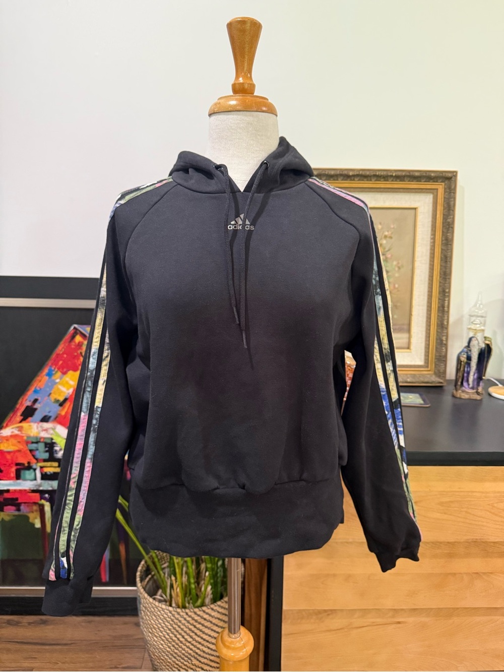 adidas Black Hoodie with Multicolor Striped Sleeve Detail